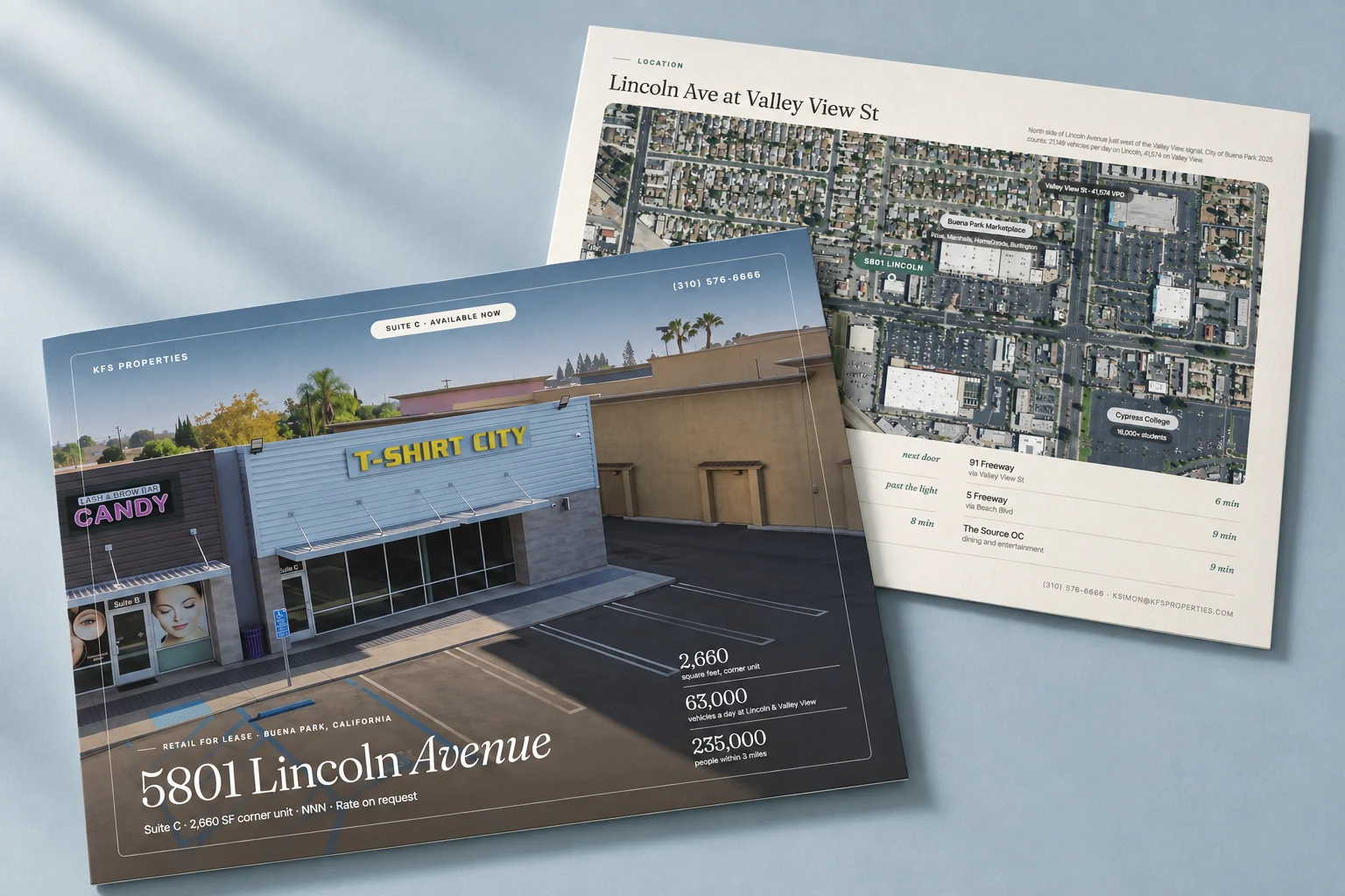 Presentation mockup of the 5801 Lincoln leasing brochure and location page