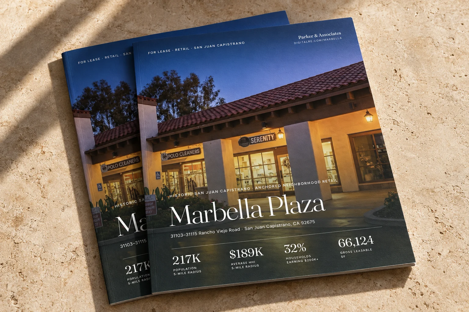 Presentation mockup of the Marbella Plaza leasing brochure