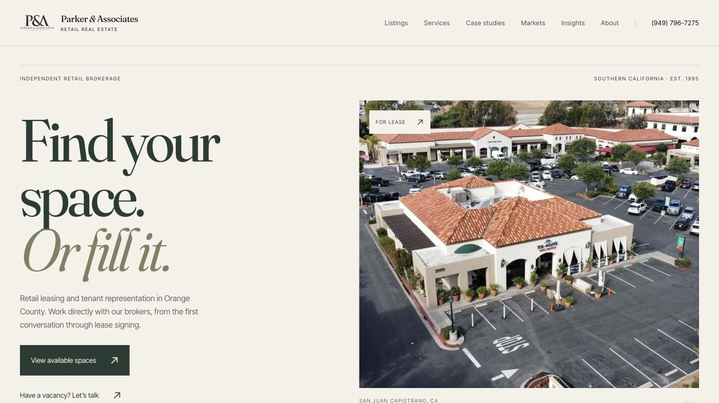 Parker & Associates, Inc. brokerage website, captured September 22, 2026, shown in a studio mockup