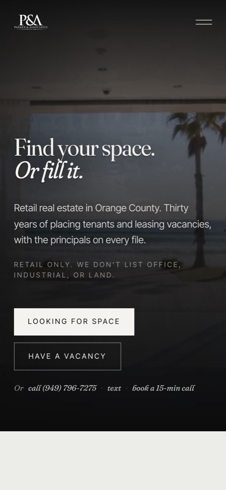Parker & Associates brokerage website — mobile